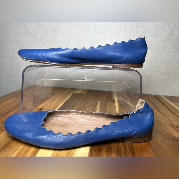Chloe Lauren Soft Leather Blue Scalloped Edge Round Toe Slip On Ballet Flats 39 - Picture 3 of 10
